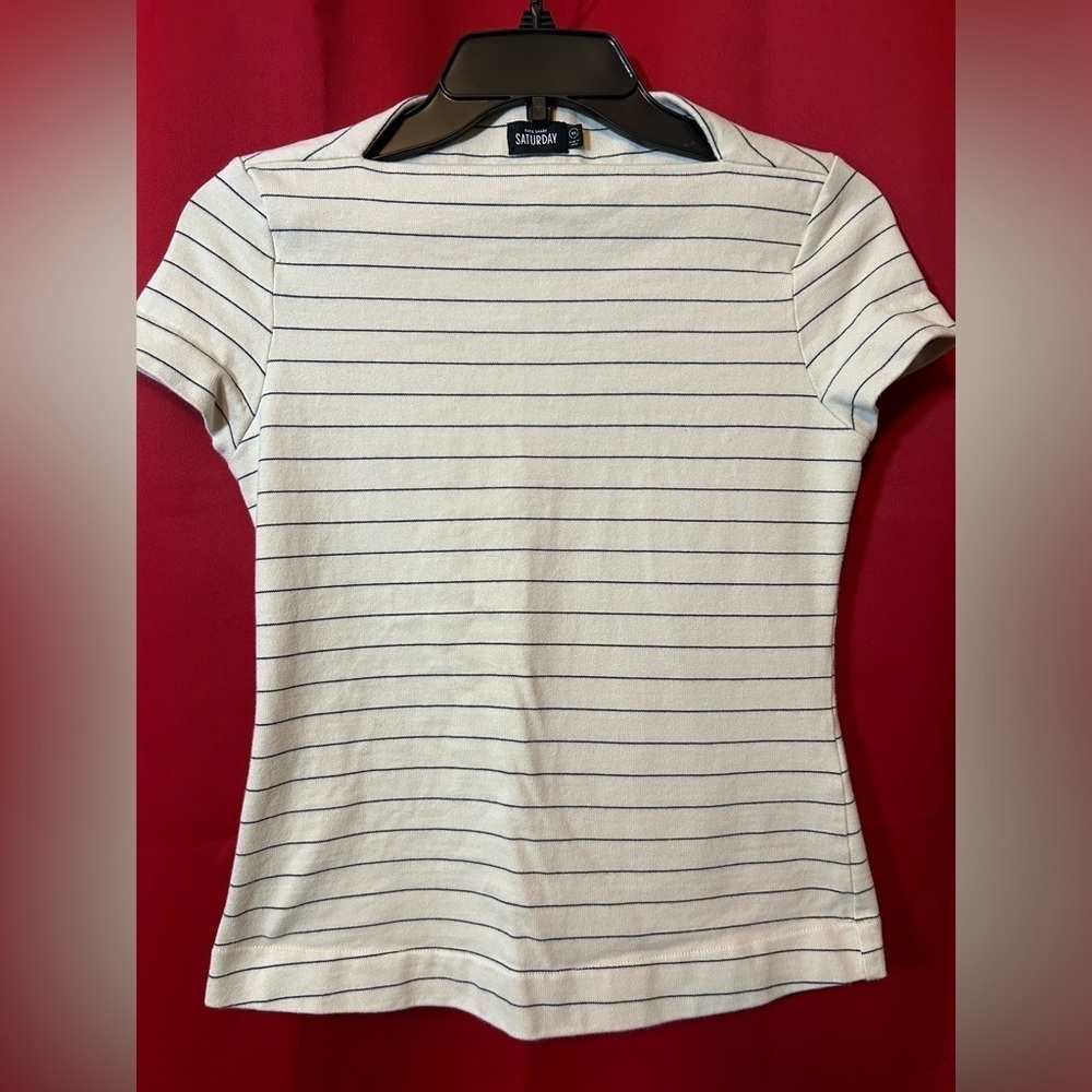 Kate Spade Saturday XS slim fit ivory stripe tee ballet neck preppy nautical